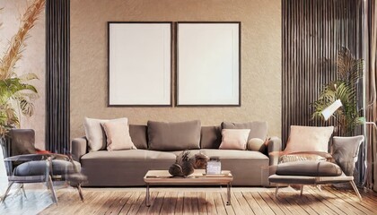modern living room with sofa, Mockup poster frame on the wall of living room. Luxurious apartment background with contemporary design. Modern interior design illustration
