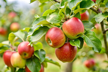Ripe red apples on an apple tree branch