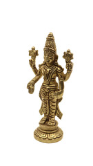 vintage brass handicraft idol of lord vishnu standing with multiple hands isolated in a white background