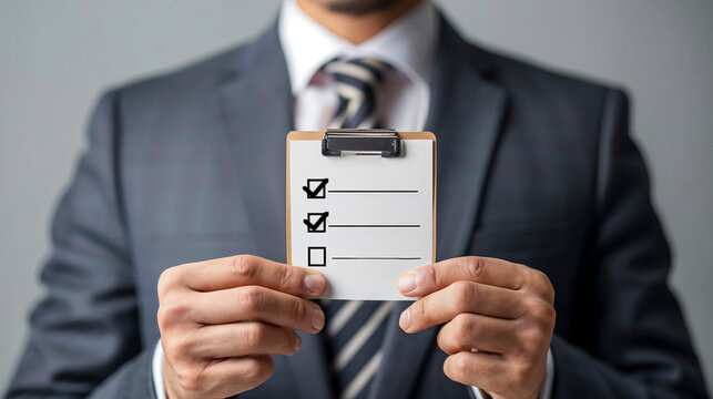 Businessman showing checklist, goal achievement.