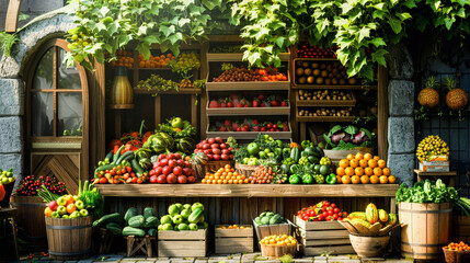 Obraz premium A richly stocked fruit and vegetable market stand overflowing with fresh produce, nestled within a charming stone building with green vines.