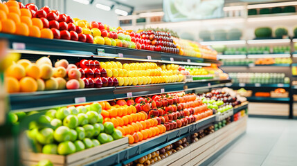 Aisle in a grocery store neatly displaying a variety of fresh fruits such as apples, oranges, and bananas, indicating abundance.