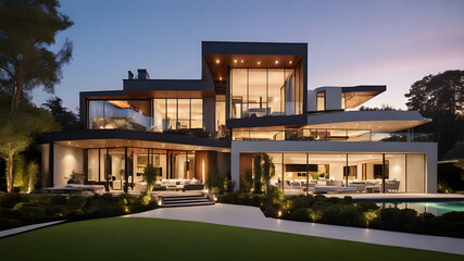  A Modern Luxurious Home Bathed in Evening Light - Generated by AI.