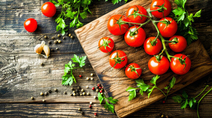 Fresh red tomatoes on a wooden cutting board with parsley, garlic, and peppercorns on a rustic wooden surface.