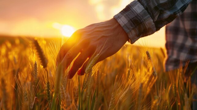 Farmer in wheat field at sunset. Cropped image of male hands touching wheat spikelets
