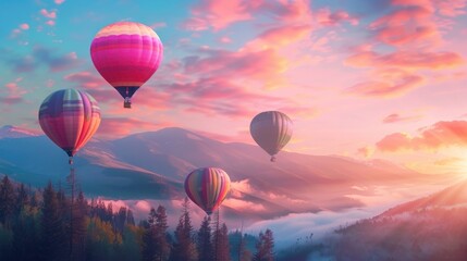 Beautiful natural landscape with flying colorful baloons.