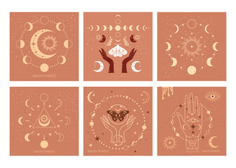 Banner set Mystical moon phases and woman hands and moth, alchemy esoteric magic space, sacred wheel of the year, vector isolated on color background - 782883899