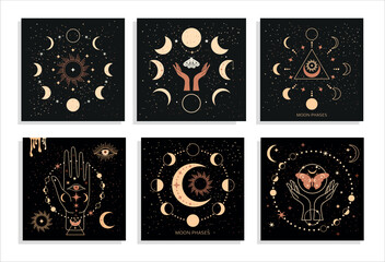 Banner set Mystical moon phases and woman hands and moth, alchemy esoteric magic space, sacred wheel of the year, vector isolated on black background