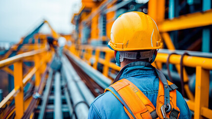 Construction worker in safety gear inspecting site with yellow structures and metal beams in an industrial setting.