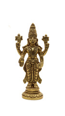 vintage brass handicraft idol of lord vishnu standing with multiple hands isolated in a white...