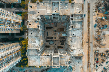 Aerial view of unfinished abandoned construction in a city