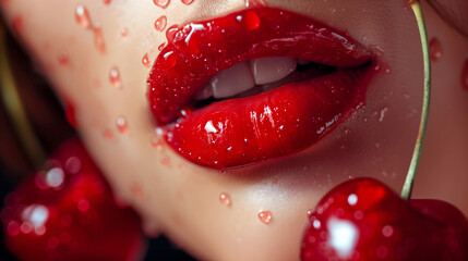 A woman's lips are painted red and she is holding a cherry