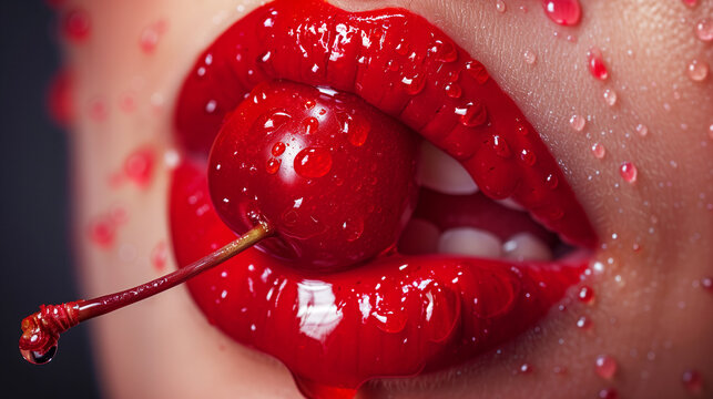 A woman's lips are painted red and she is holding a cherry. The cherry is dripping water onto her face, creating a playful and whimsical atmosphere. side view glossy lips biting a cherry