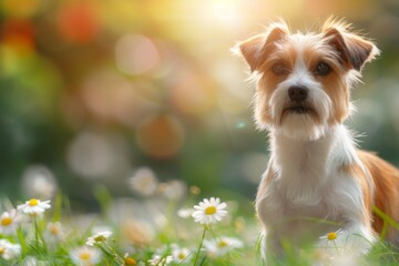 funny Corgi dog puppy is running merrily through a blooming meadow with white fluffy dandelions. Beautiful simple AI generated image in 4K, unique.