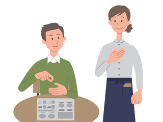 手話で注文する男性と答える女性店員のイラスト