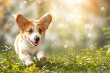 Welsh Corgi dog running outdoor. Cute fluffy dog puppy.. Beautiful simple AI generated image in 4K, unique.