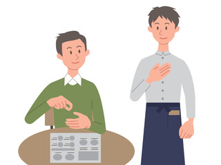 手話で注文する男性と答える男性店員のイラスト
