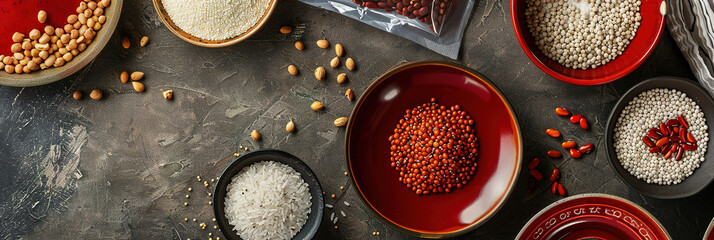 top view of a modern table with a few red premium ceramic plates and bowls on it. with empty copy Space The plates are filled with rice, beans, peanuts and other dry goods. 