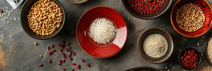 top view of a modern table with a few red premium ceramic plates and bowls on it. with empty copy Space The plates are filled with rice, beans, peanuts and other dry goods.  - obrazy, fototapety, plakaty