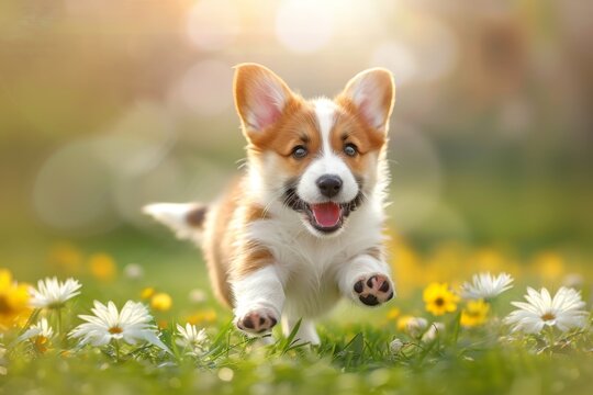 Active healthy Welsh Corgi dog running with open mouth sticking out tongue on the grass on a bright day. Beautiful simple AI generated image in 4K, unique.
