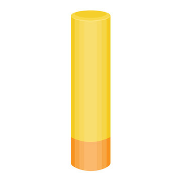 Sunscreen lip balm icon isolated on transparent and white background. Lipstick in yellow-orange packaging. Closeup element for summer design decoration. Vector cartoon illustration. Sunscreens.