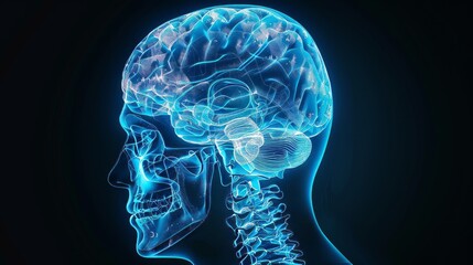 3D x-ray illustration of human brain from side view. The brain in glow color. Medical reference picture