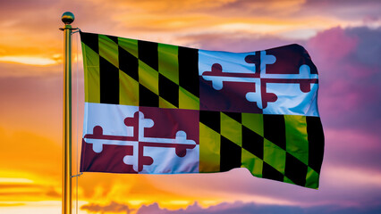Maryland Waving Flag Against a Cloudy Sky at Sunset.