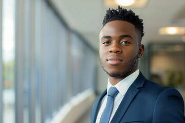 Confident black businessman wearing business suit in office workspace. Successful male business person portrait