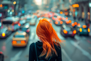 Back view young woman with orange hair standing in the middle of a busy street - Powered by Adobe