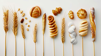Assorted breads and wheat stalks neatly arranged in rows on a light background, showcasing a variety of baked goods. - obrazy, fototapety, plakaty