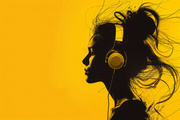 Silhouette of woman with headphones against vibrant yellow backdrop. Creative music background. - obrazy, fototapety, plakaty