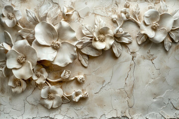 Naklejka premium Texture of plaster with decorative flowers. Detailed stucco relief with floral designs in classical style