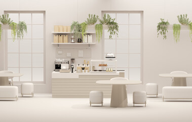 3D render modern white and beige style cafe counter with big window, with espresso coffee making machine, stack of eco friendly paper cup. Morning sunlight, Bistro, Business, Space, Blank