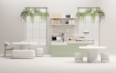 3D render modern white and green style cafe counter with big window, with espresso coffee making machine, stack of eco friendly paper cup. Morning sunlight, Bistro, Business, Space, Blank
