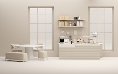 Fototapeta na wymiar 3D render modern white and beige style cafe counter with big window, with espresso coffee making machine, stack of eco friendly paper cup. Morning sunlight, Bistro, Business, Space, Blank