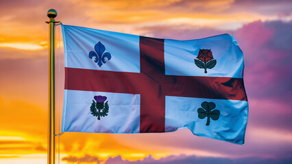 Fototapeta premium Montreal Waving Flag Against a Cloudy Sky at Sunset.