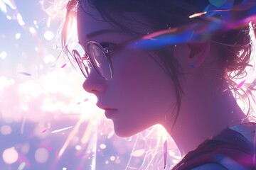 a side view of a woman in glasses staring somewhere against a brilliant background. anime style, digital art illustration painting. generative AI