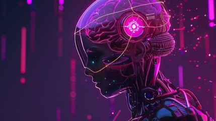 A futuristic digital artwork depicting the human brain, with glowing neural connections and holographic displays representing artificial intelligence technology. 