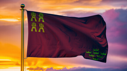 Murcia Waving Flag Against a Cloudy Sky at Sunset.