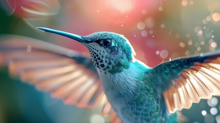 Closeup of a hummingbirds feathers, showcasing the iridescence and the rapid movement of its wings - obrazy, fototapety, plakaty