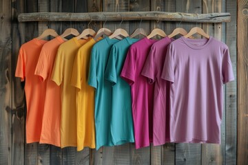 Colorful t-shirts hanging on wooden background.