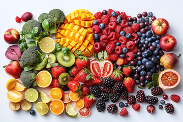 various fresh food fruits and vegetables for healthy eating and vegetarian diet nutrition