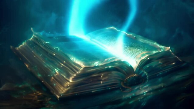 An ancient book bound in dragon scales its pages filled with ancient spells and incantations surrounded by a swirling aura of blue . .