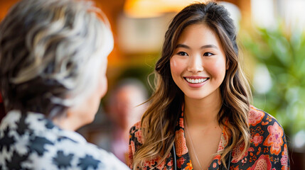 Young woman with a joyful smile having a conversation with an older adult in a cozy indoor setting.