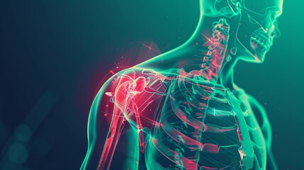 An illustration of the shoulder in green with a red pain area, in the style of an x ray.
