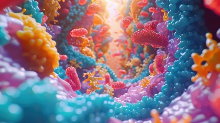 The activity of digestive enzymes, visualized through journey inside the gut, highlighting the unseen of digestion - obrazy, fototapety, plakaty