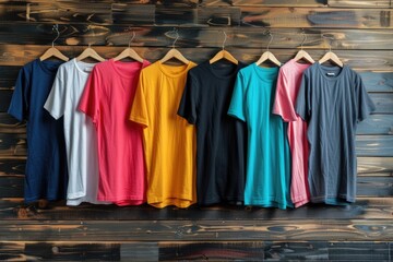 Color t-shirts hanging on a wooden clothes hanger in closet.