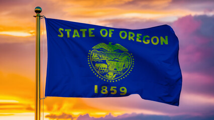 Oregon Waving Flag Against a Cloudy Sky at Sunset.