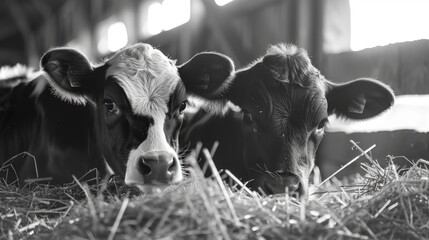 Dairy cows lying on an cow farm, closeup black and white photo. - Powered by Adobe