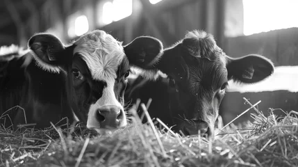 Gordijnen Dairy cows lying on an cow farm, closeup black and white photo. © grigoryepremyan